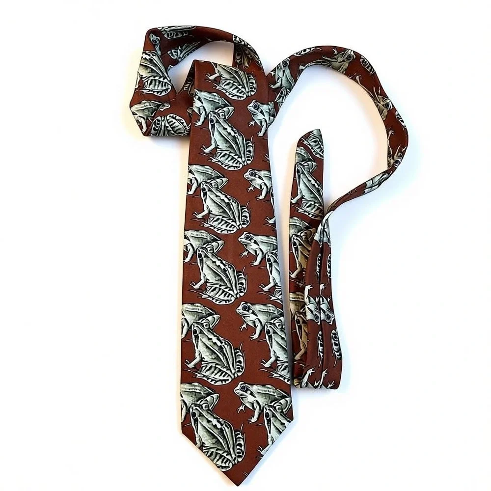 Talbot Studio Frog Print Silk Necktie Brown‎ Green Men's Fashion Accessory